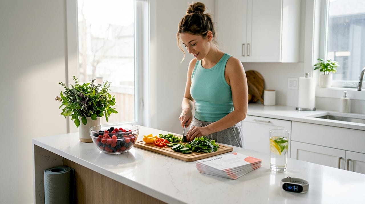 Woman prepping healthy food and wellness tools
