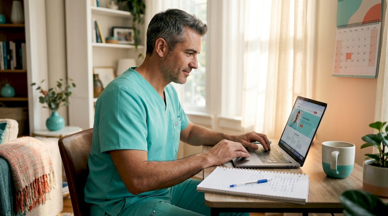 Nurse updating website in small home office