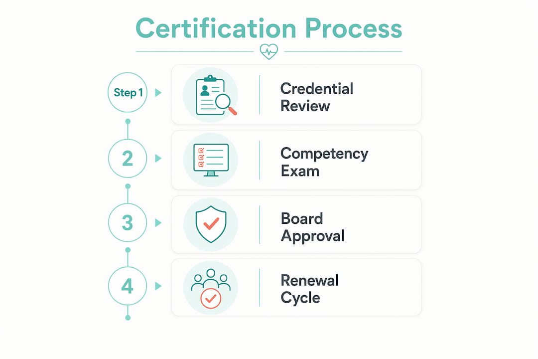 Vertical flow infographic showing certification steps