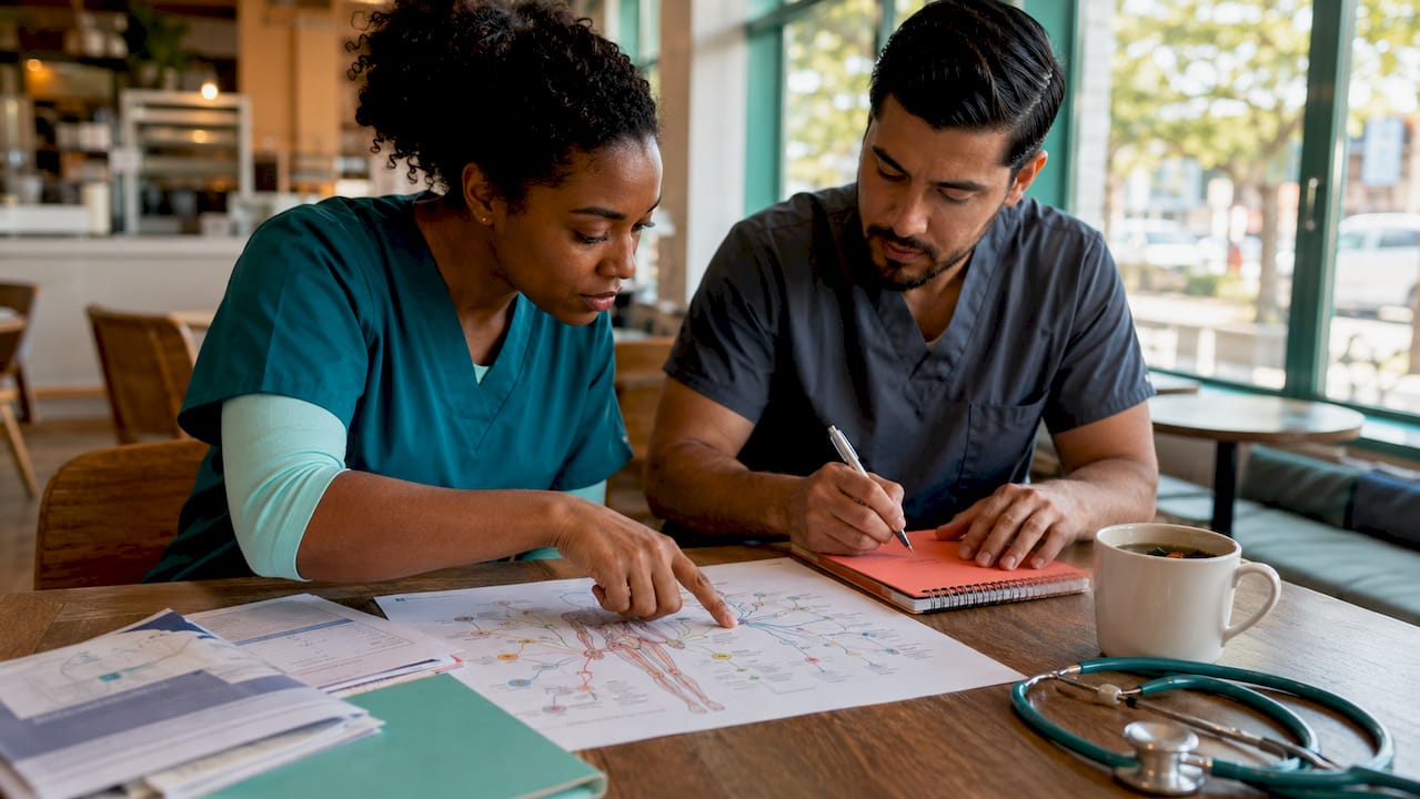 Clinicians analyzing body systems diagram