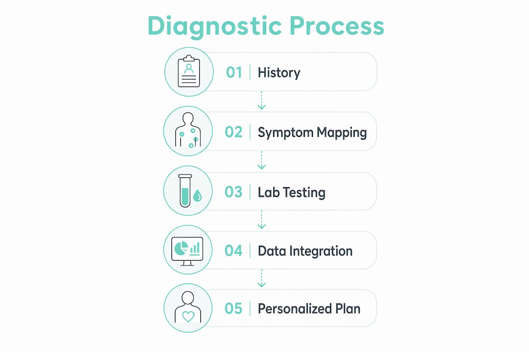 Infographic showing functional medicine diagnostic process steps
