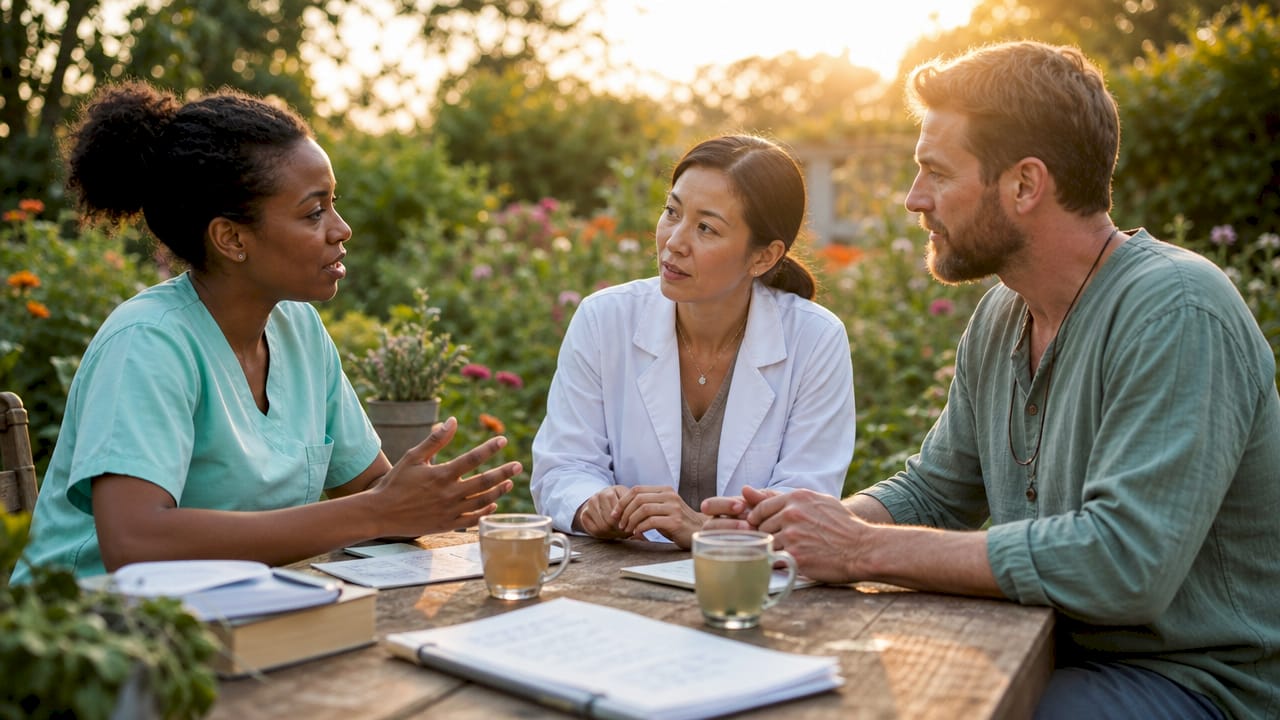 Group of clinicians discussing holistic medicine philosophies