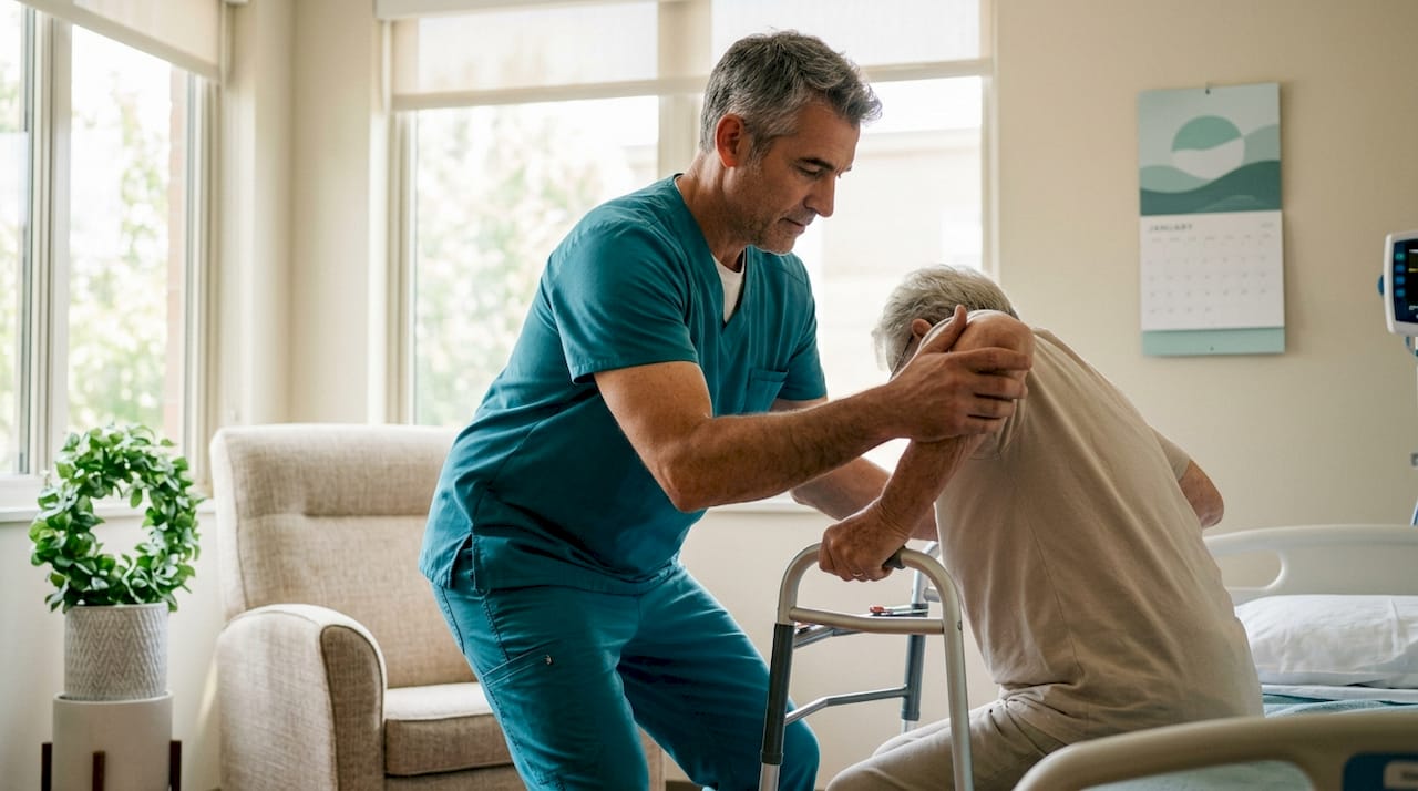 Nurse ergonomically lifting patient bed