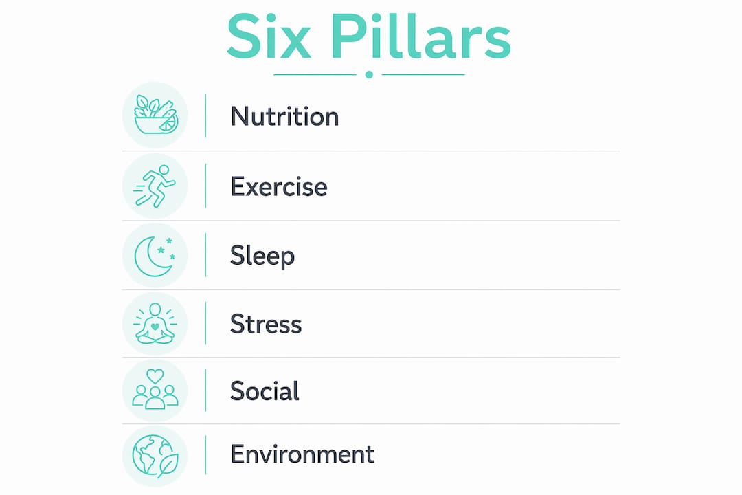 Infographic illustrating six pillars of anti-inflammatory lifestyle medicine
