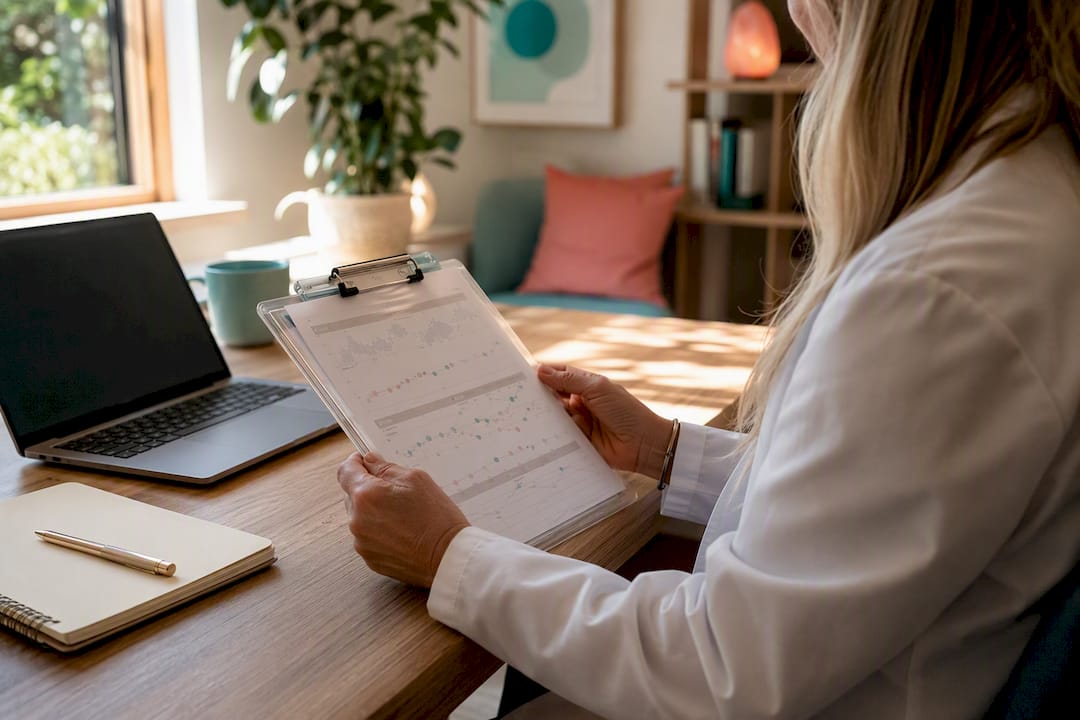 Clinician reviewing hormone lab results thoughtfully