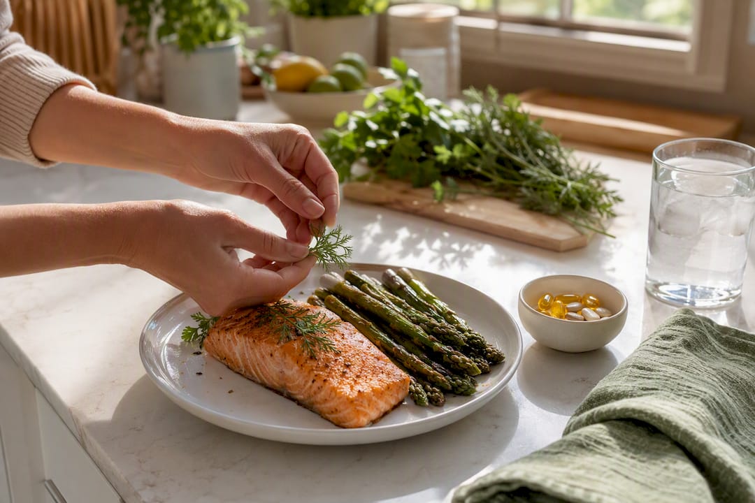 Hands plating protein-rich healthy meal and supplements