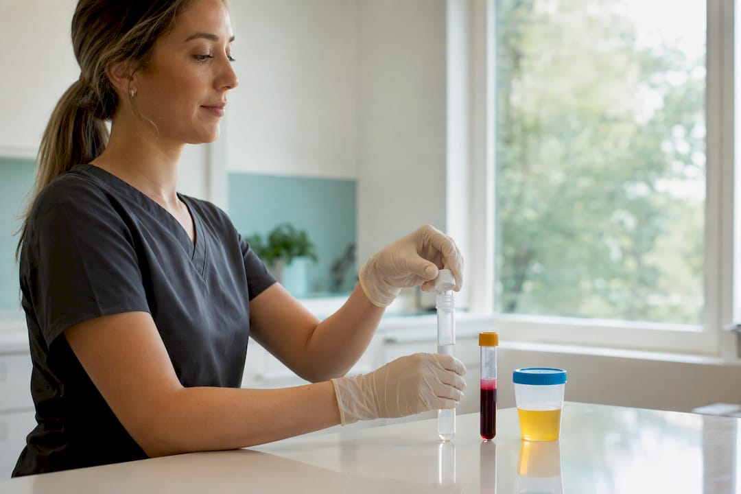 Different hormone test sample tubes on clinical counter