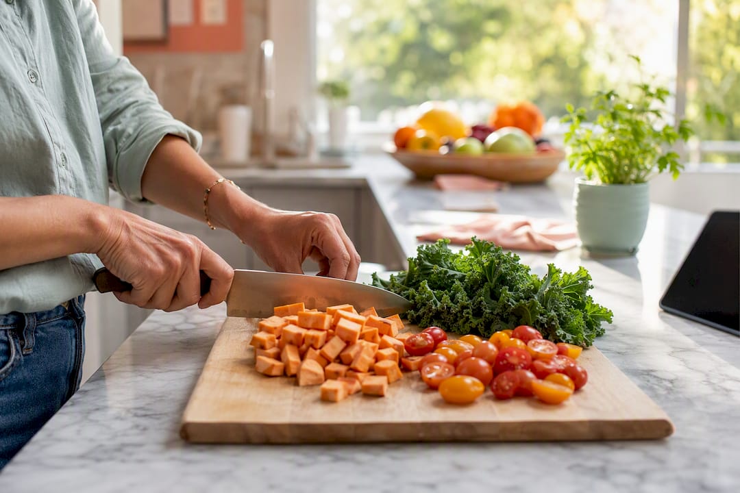 Hands chopping vegetables for Pegan diet meal