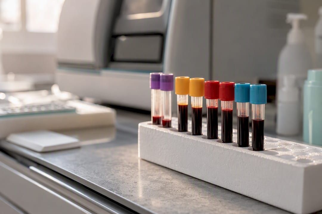 Thyroid hormone blood test tubes on lab counter