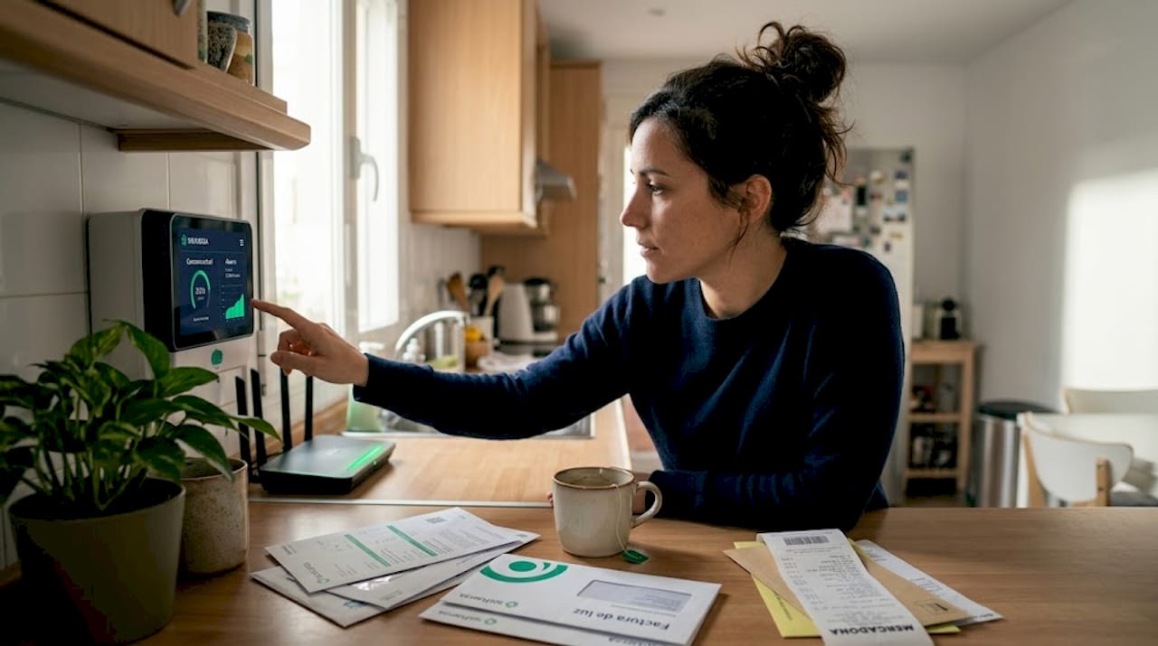 Mujer revisando el monitor de consumo energético inteligente en la cocina