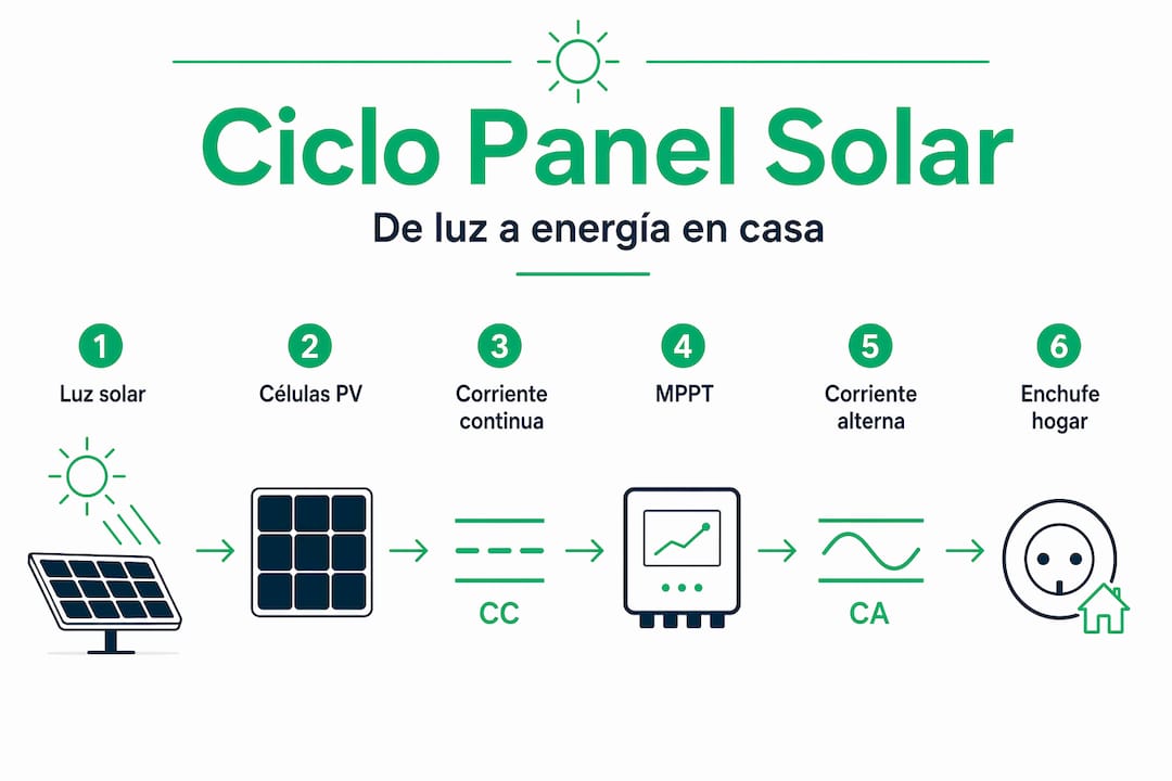 Infografía que explica cómo funciona el ciclo de energía en un panel solar de tamaño reducido