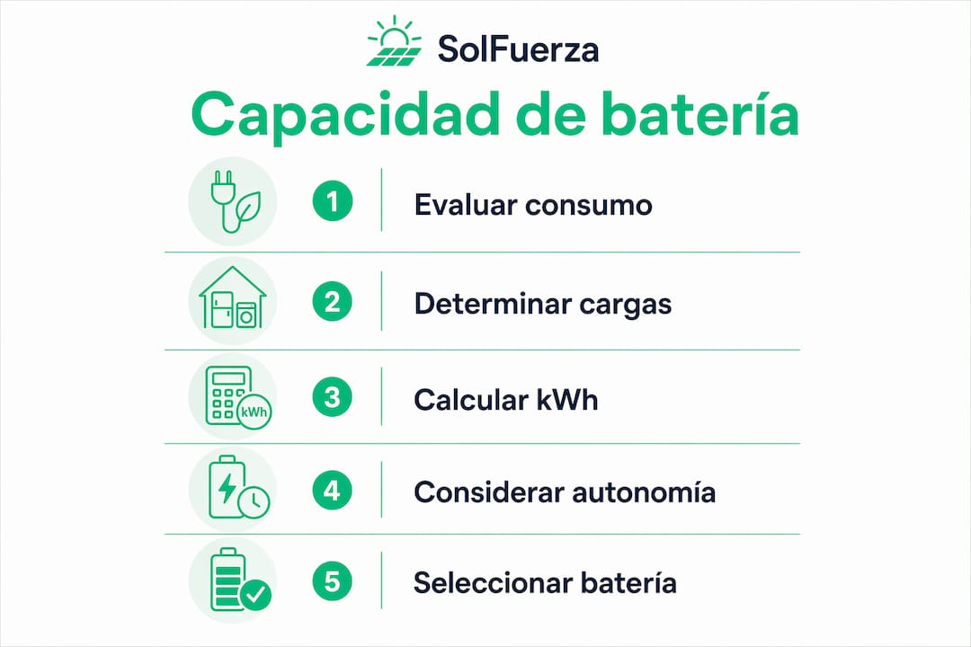 Guía visual con los pasos clave para calcular la capacidad de una batería solar