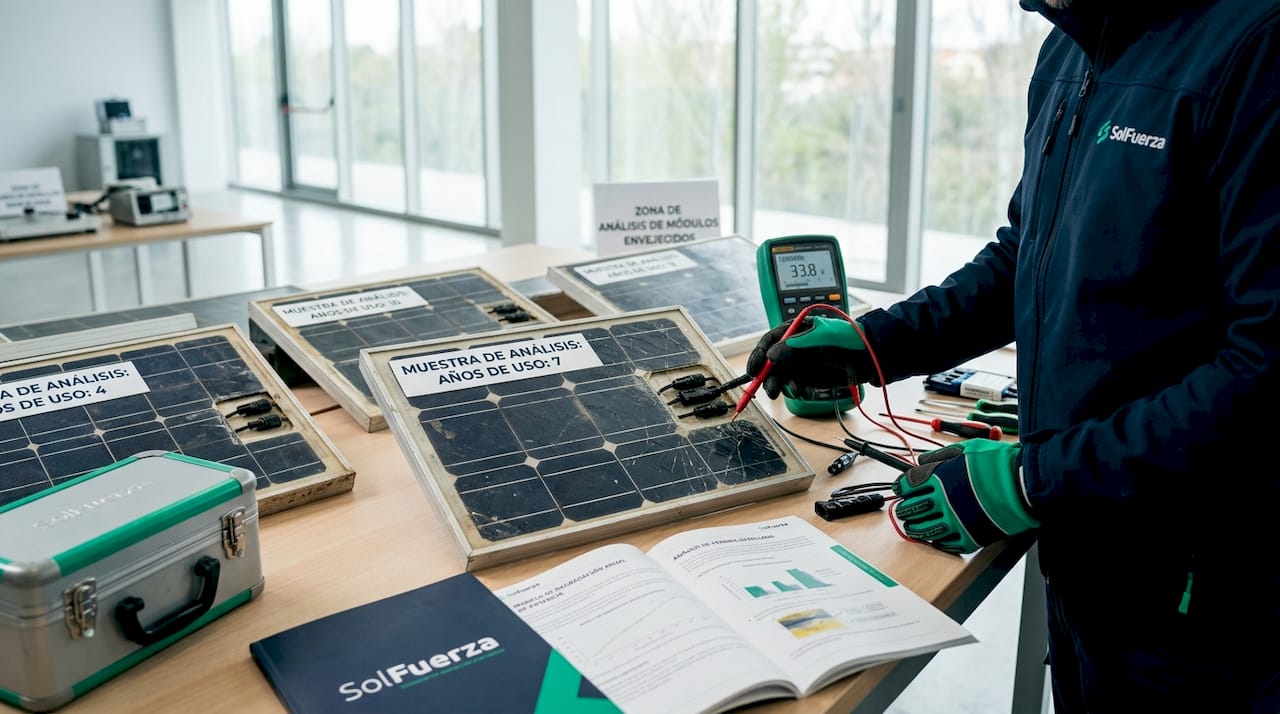 Paneles solares antiguos y equipo de trabajo en un taller especializado