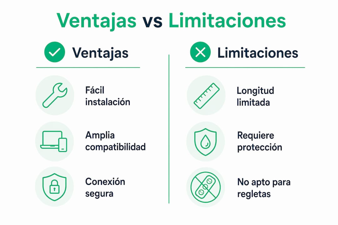 Infografía comparando ventajas y limitaciones Cable Schuko
