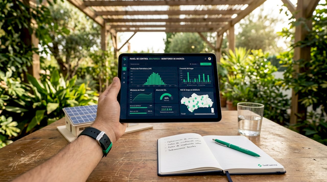 En el despacho de casa, una tablet muestra información sobre el ciclo de vida de los paneles solares.
