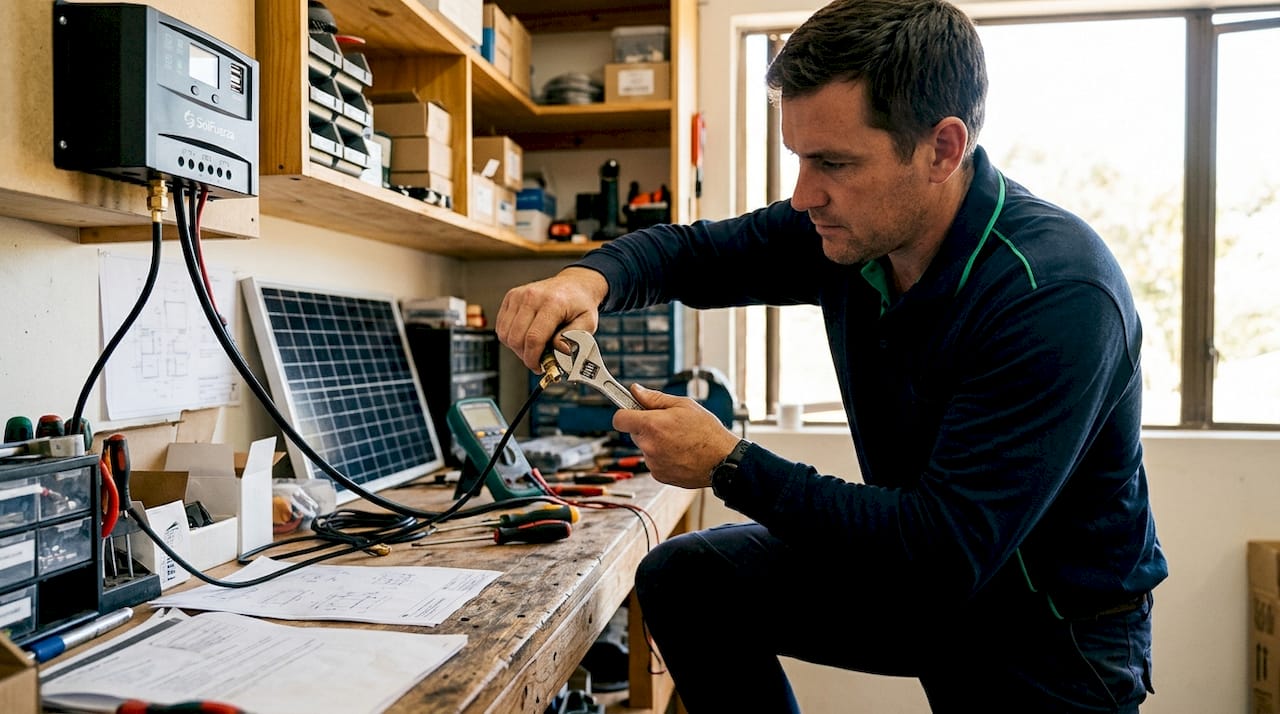 Un técnico realiza ajustes en el regulador solar con sumo cuidado.