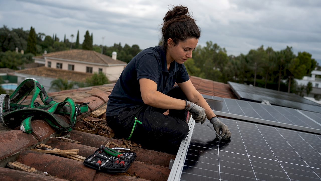 Colocación de un panel solar en el techo por parte de técnicos
