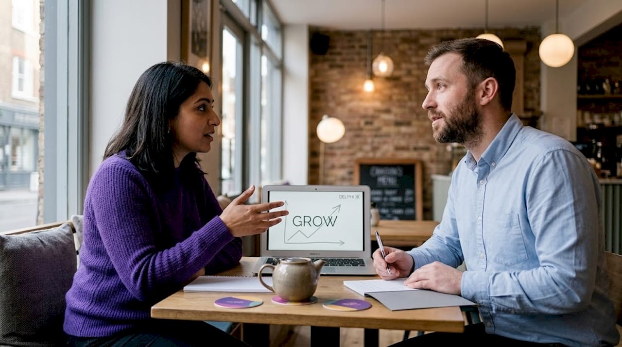 Colleagues using GROW model in office coaching