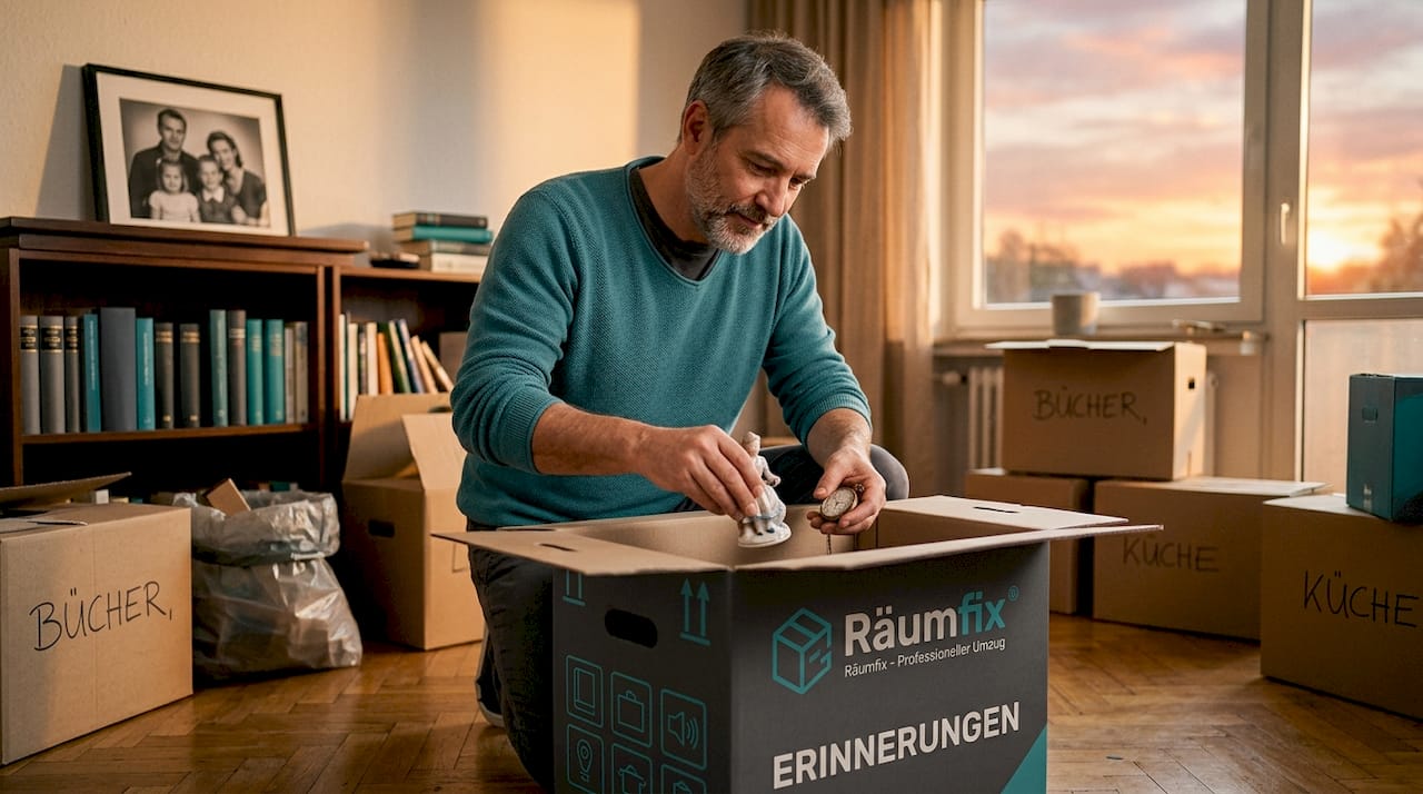 Wertgegenstände und Erinnerungsstücke werden im Wohnbereich behutsam und sorgsam verpackt.