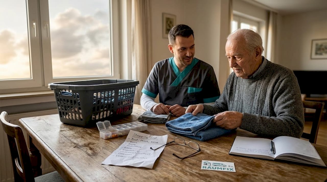 Eine Pflegekraft unterstützt eine Seniorin dabei, die Wäsche am Tisch zusammenzulegen.