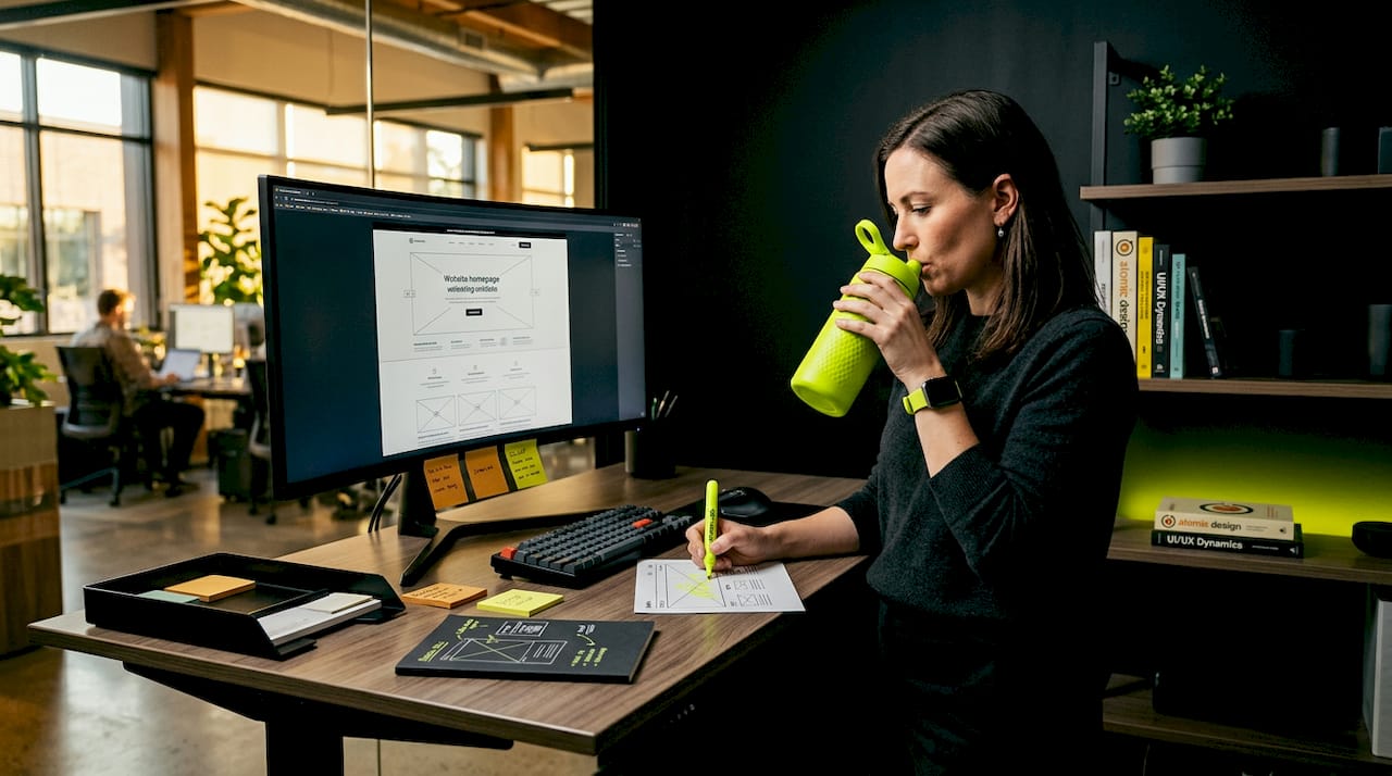Designer reviewing website homepage at desk