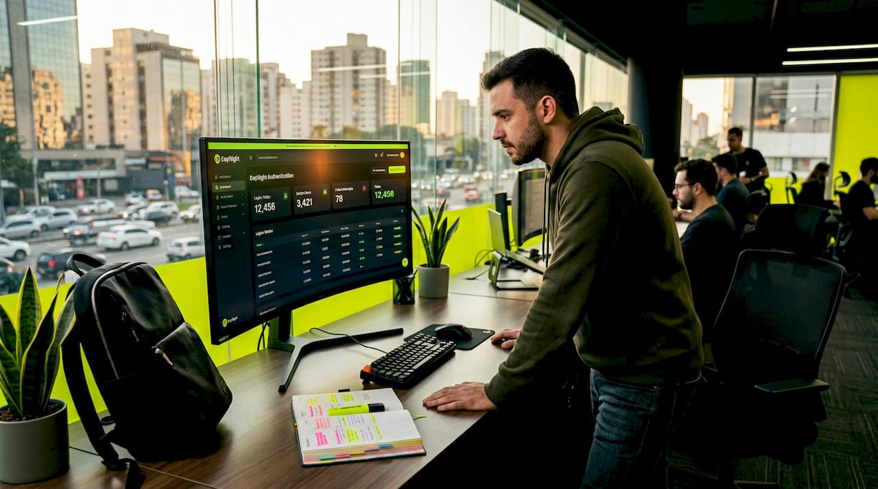 Developer reviewing authentication dashboard at home desk