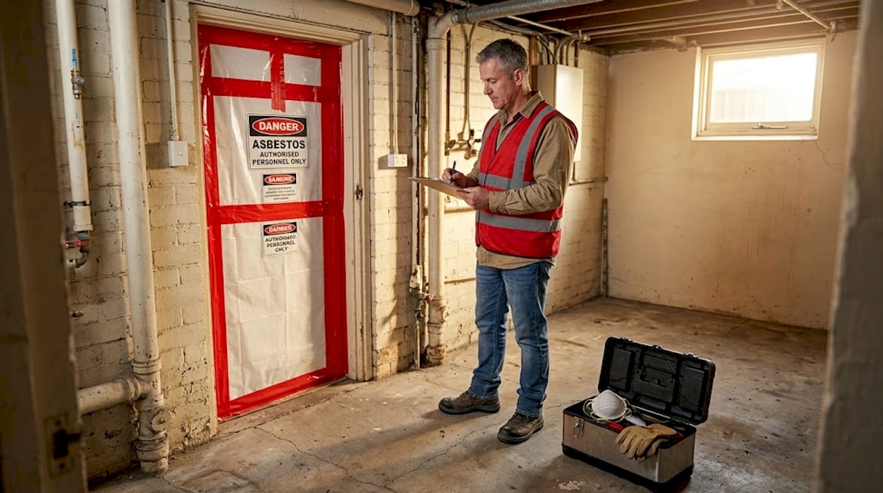 Safety inspector examines asbestos warning at home site