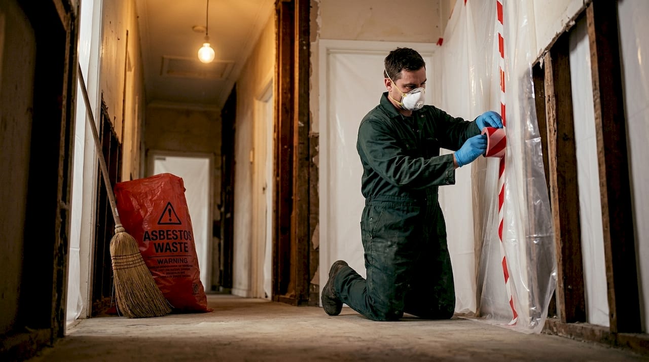 Asbestos specialist preparing containment in hallway