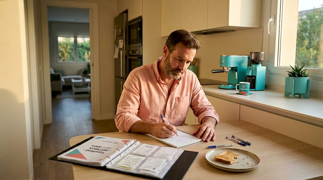 Hombre revisando sus cuentas en la mesa de la cocina