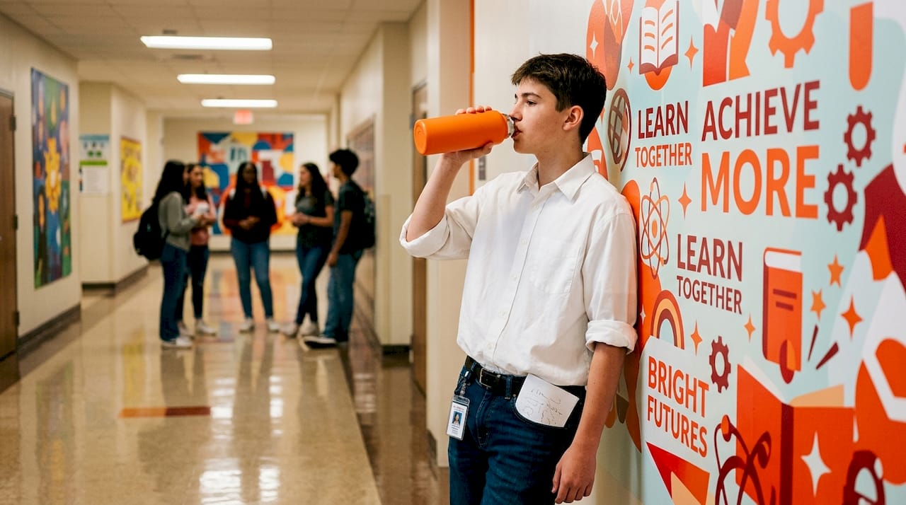 Student takes break at hallway drinking fountain