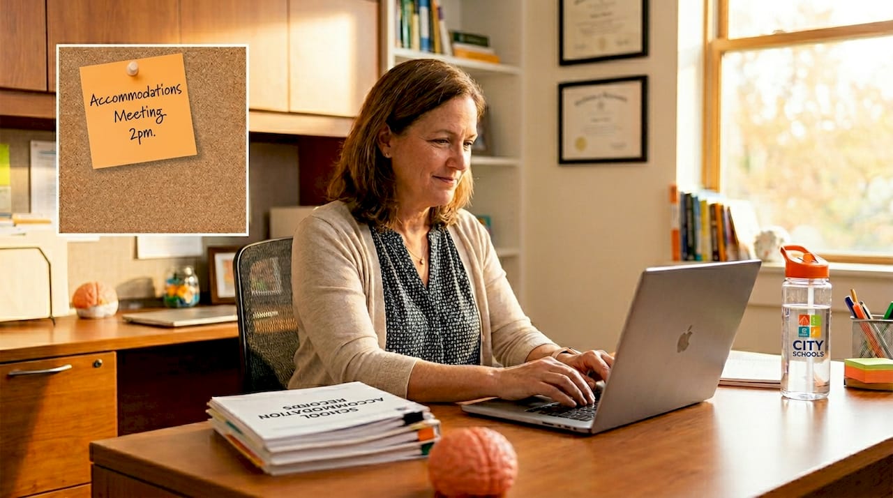 School psychologist typing support letter in office