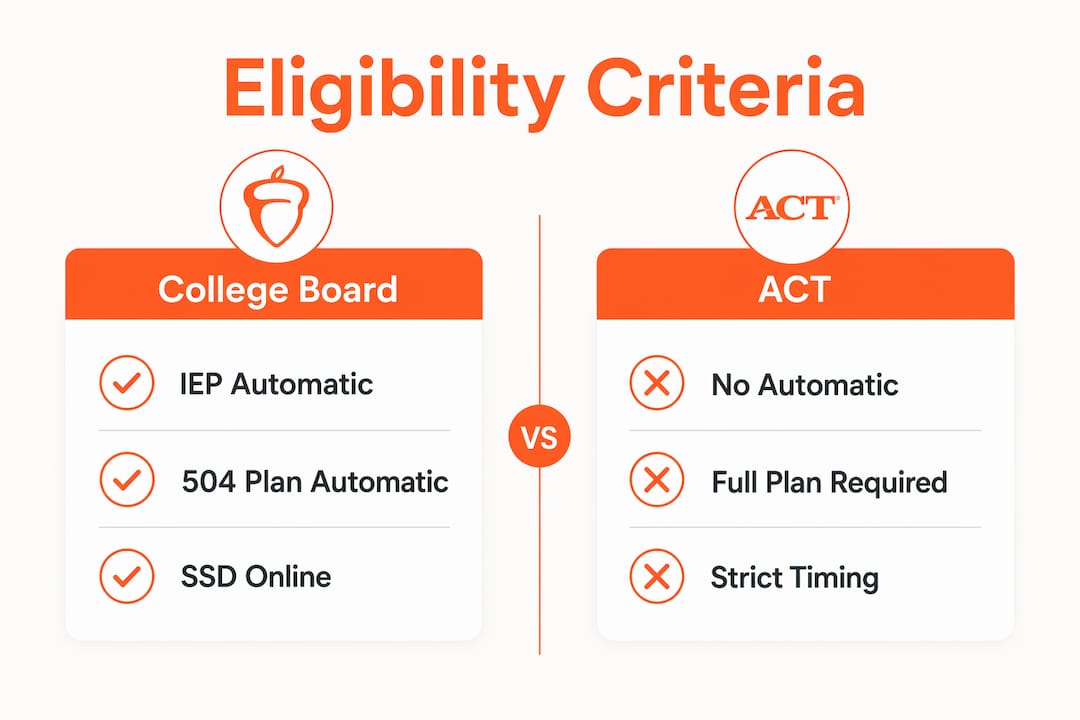 Infographic comparing College Board and ACT eligibility criteria