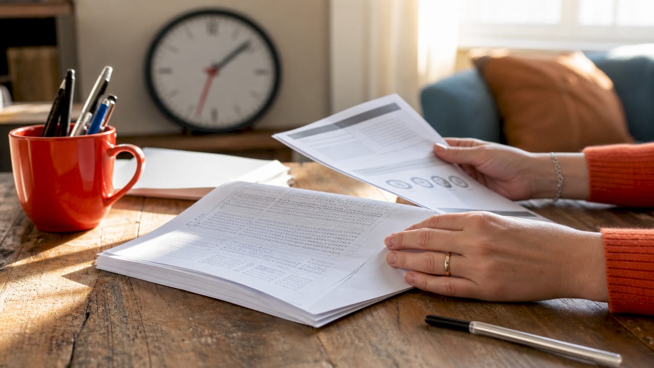 Close-up hands with GMAT timing materials