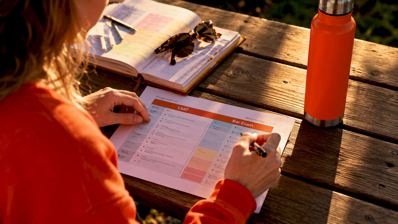 Hands reviewing LSAT vs Bar Exam comparison chart