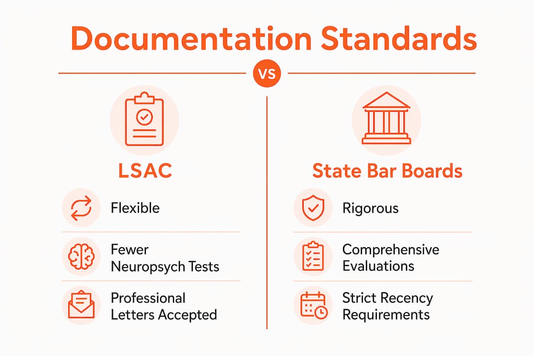 Infographic comparing LSAC and Bar exam documentation requirements
