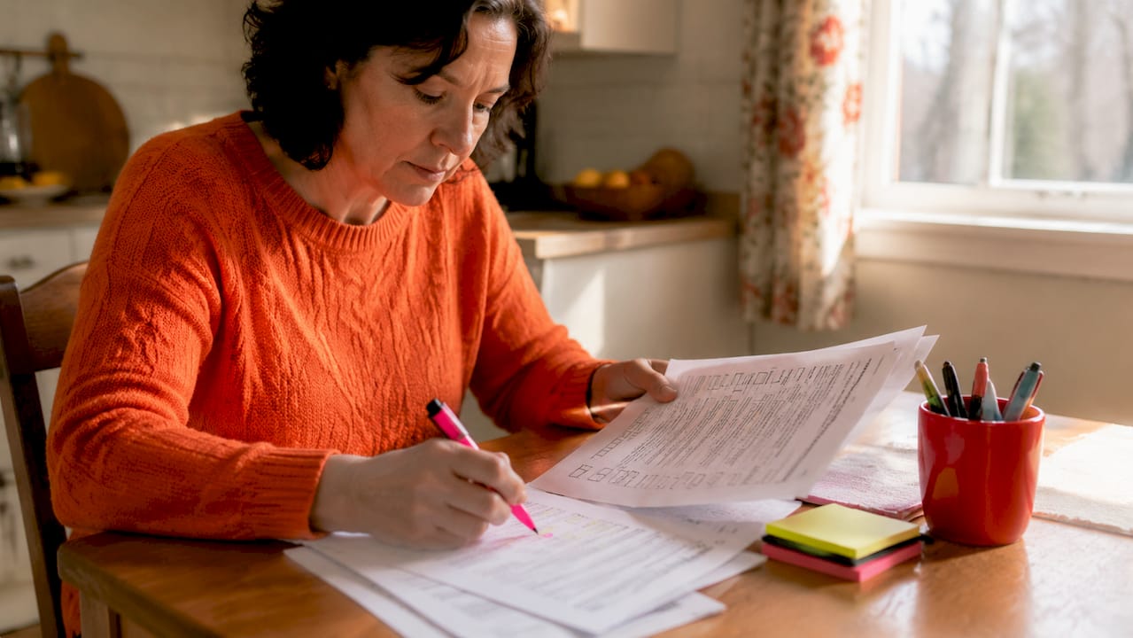 Hands reviewing self-assessment paperwork at desk