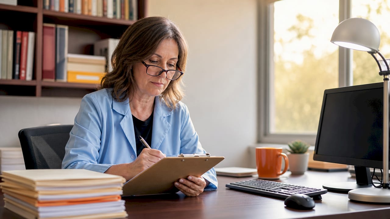 Clinician writing detailed evaluation notes