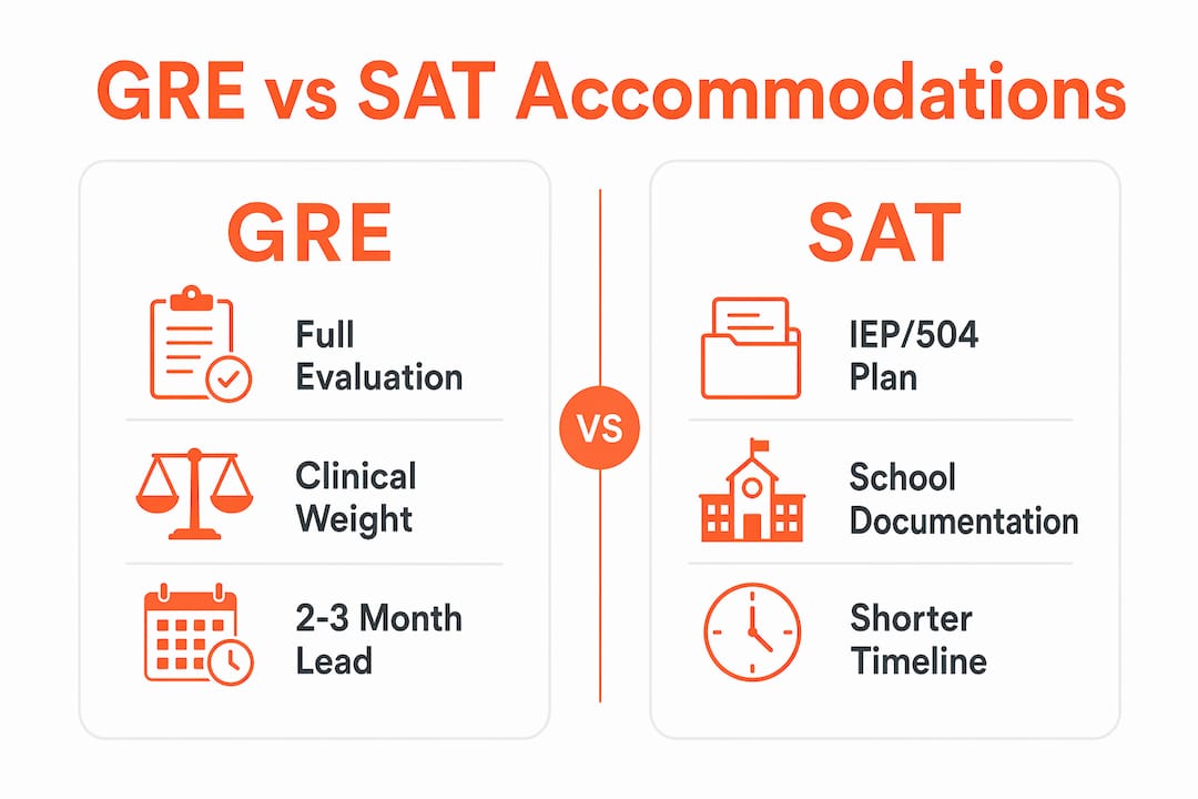 Infographic comparing GRE and SAT accommodation requirements