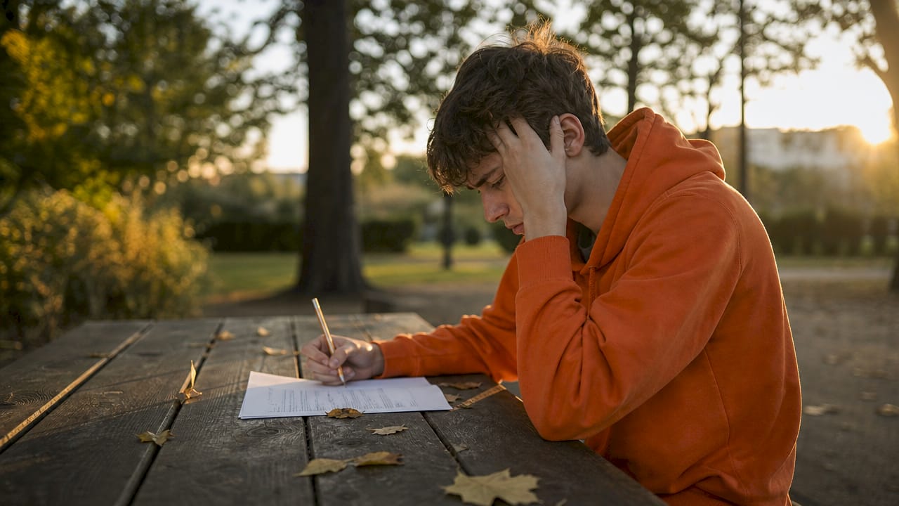 Hands of student struggling with reading test