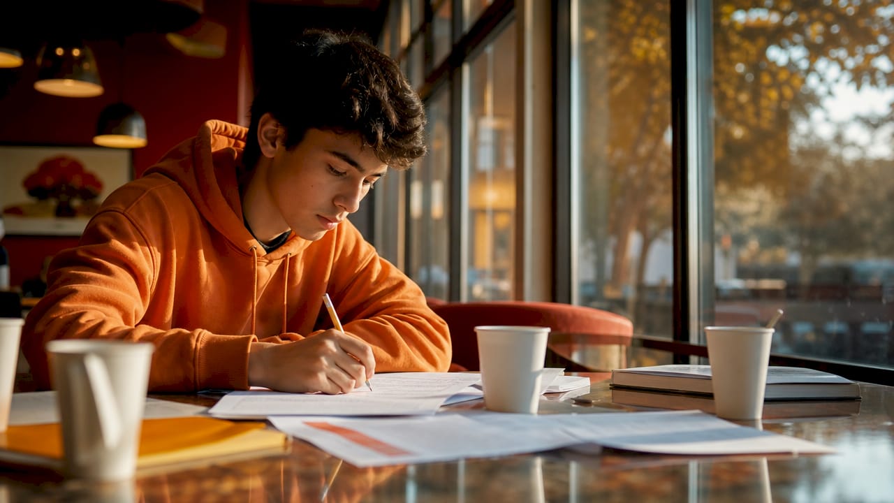 Teen student studying in library carrel