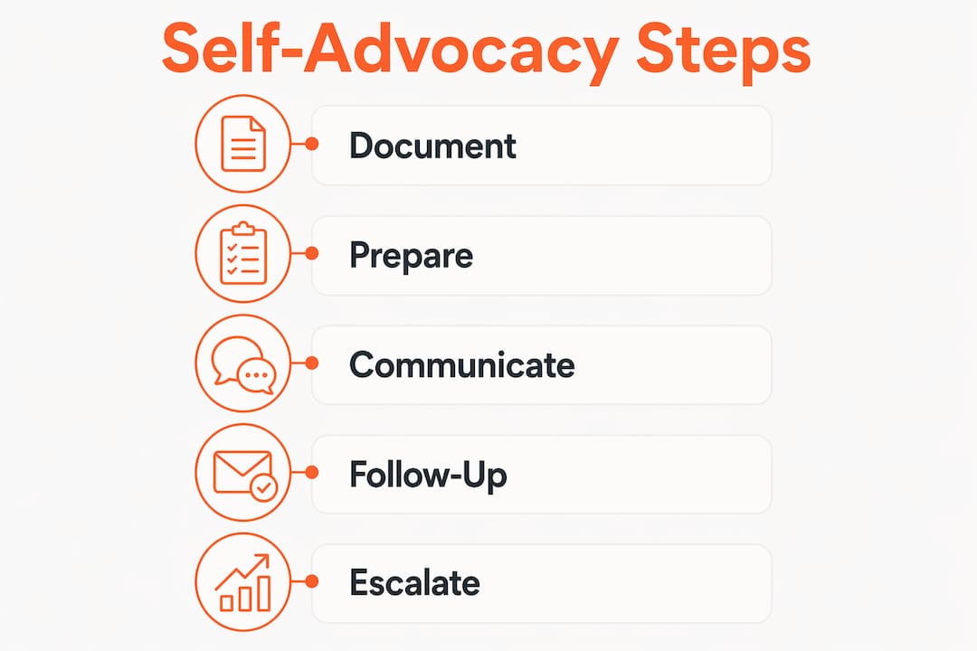 Infographic illustrating five steps of effective self-advocacy