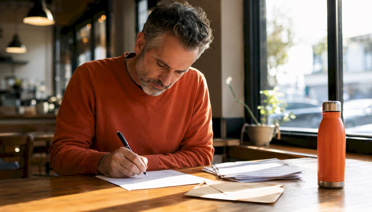 Man writing formal appeal letter in library