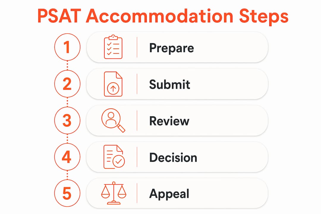 Infographic showing PSAT accommodation application steps