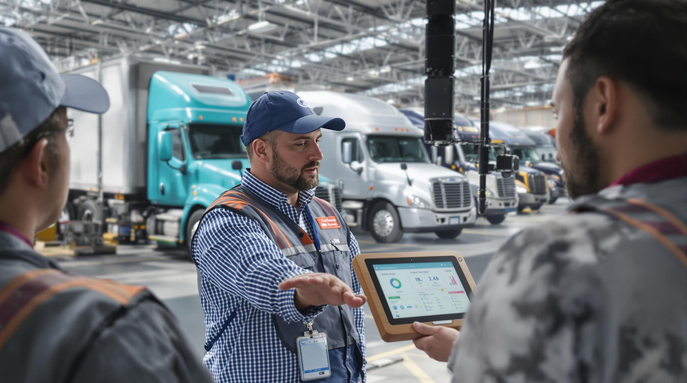 Logistics supervisors reviewing digital routes with delivery trucks in background