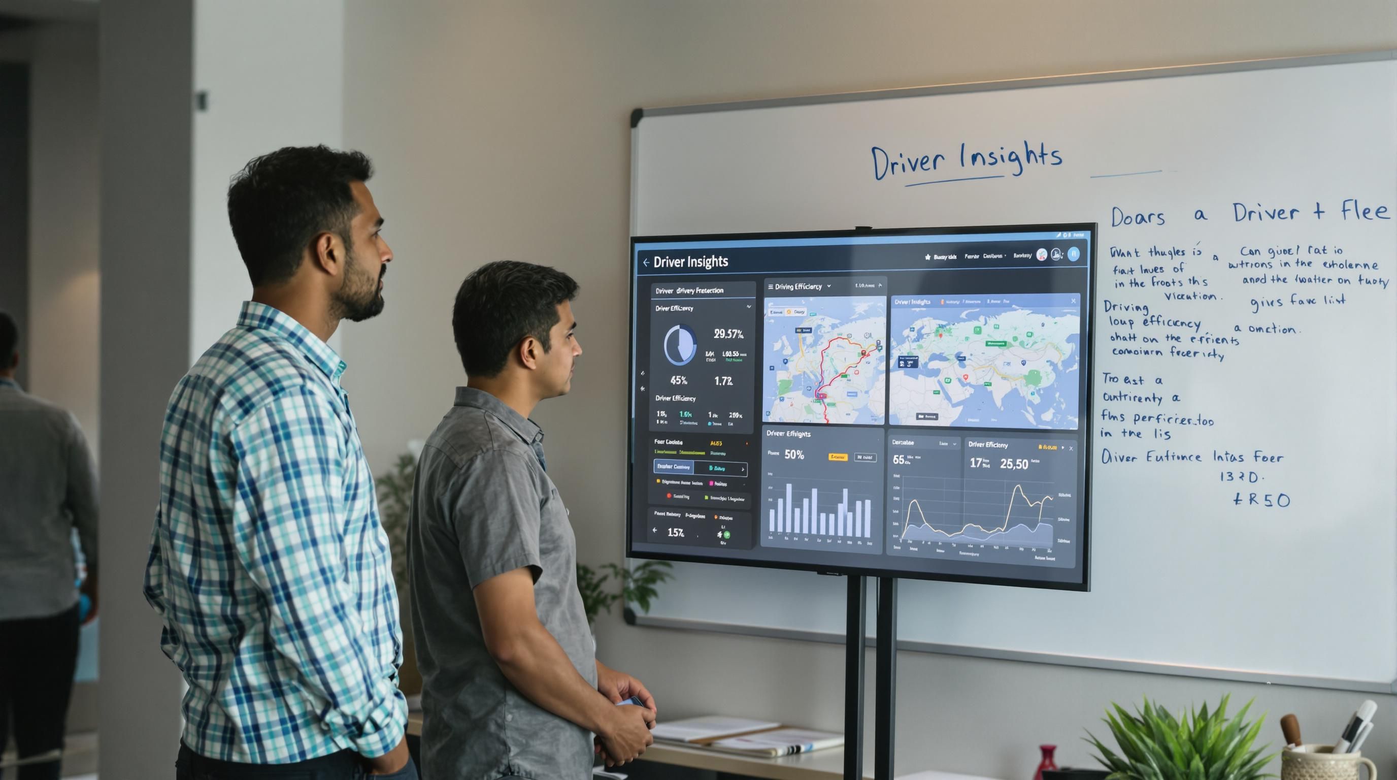 Fleet managers study vehicle diagnostics and driver behavior analytics on office monitor