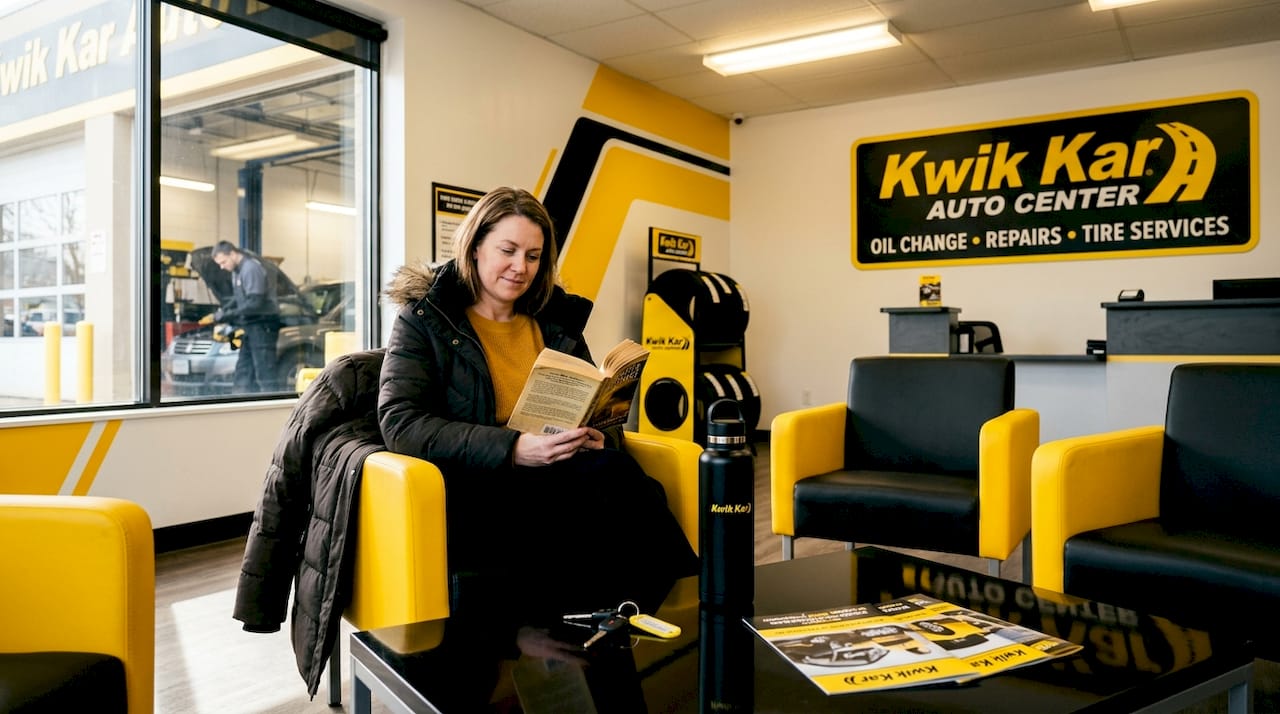 Driver reading in oil change waiting area