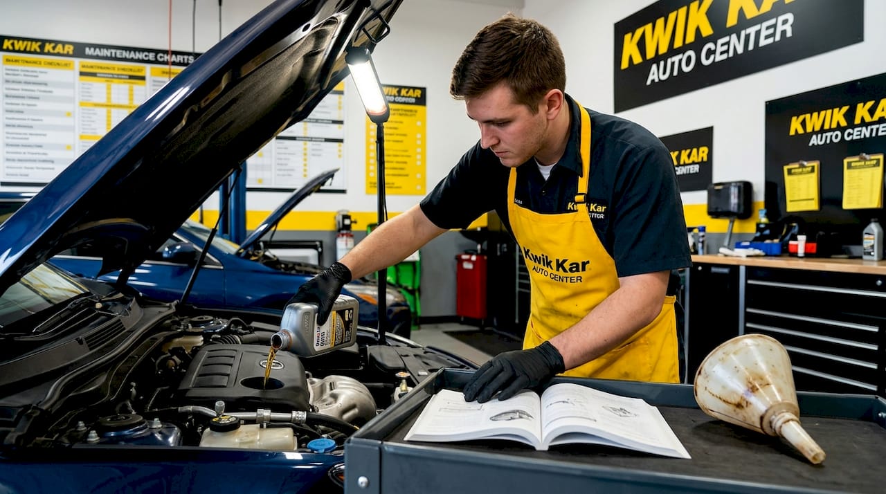 Technician pouring correct oil grade into vehicle