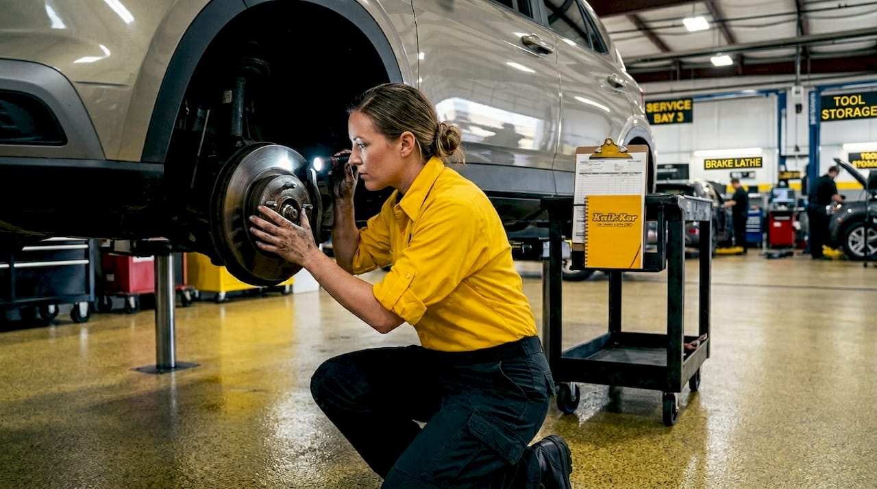 Mechanic inspects SUV brake rotor in garage