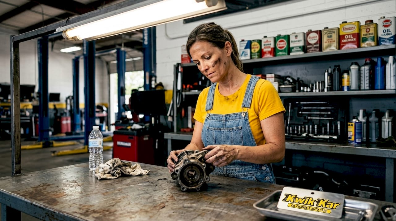 Person examining engine part for oil sludge