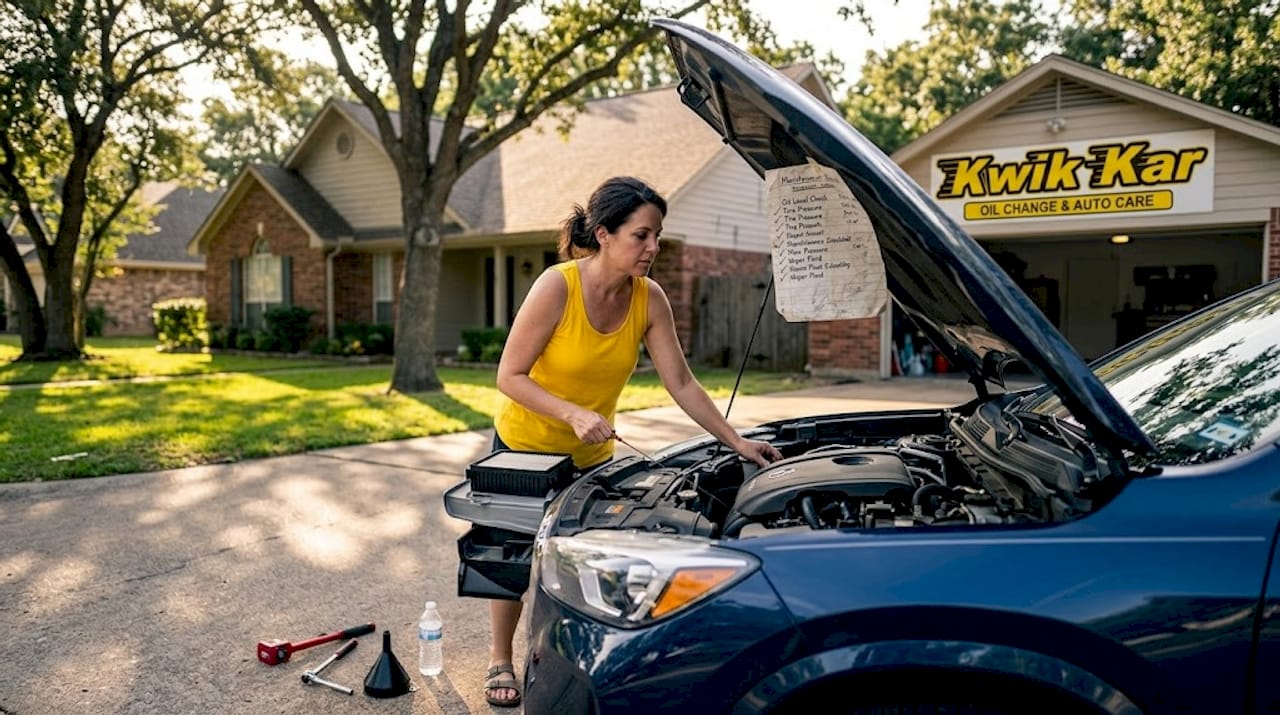 Person preparing vehicle for inspection with hood open